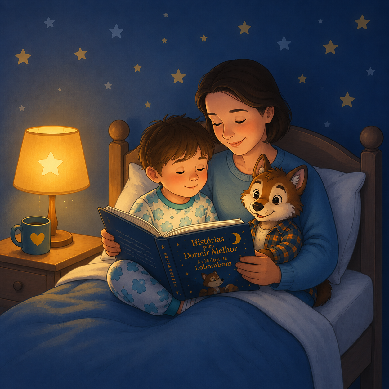 Mãe e filho lendo um livro juntos antes de dormir